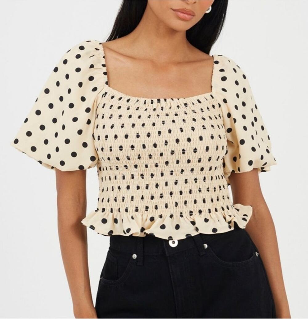 H&M Smocked Puff Sleeve Polka Dot Crop Top Cottagecore Coquette XL